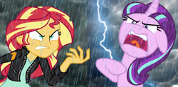 Size: 3729x1813 | Tagged: safe, artist:conthauberger, character:starlight glimmer, character:sunset shimmer, my little pony:equestria girls, fight, hilarious in hindsight, meme, storm