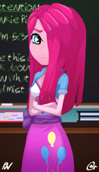 Size: 1461x2512 | Tagged: safe, artist:oatmeal, artist:pixel's workstation, character:pinkamena diane pie, character:pinkie pie, my little pony:equestria girls, balloon, book, chalk, chalkboard, classroom, clothing, crossed arms, detention, female, hair over one eye, jacket, looking at you, sad, skirt, solo