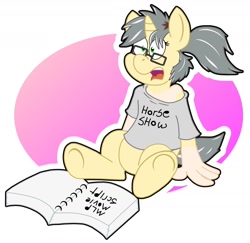 Size: 1280x1242 | Tagged: safe, artist:sketchymouse, oc, oc only, oc:mercury shine, species:pony, book, clothing, human to pony, open mouth, script, shirt, simple background, sitting, solo, text, transformation