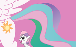 Size: 1918x1198 | Tagged: safe, artist:doublewbrothers, artist:fetchbeer, character:princess celestia, character:sweetie belle, species:alicorn, species:pony, species:unicorn, booty had me like, eyes on the prize, female, filly, mare, open mouth, plot, smiling, spread wings, sunbutt, wide eyes, wings