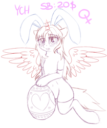 Size: 1460x1750 | Tagged: safe, artist:kamyk962, species:alicorn, species:pegasus, species:pony, species:unicorn, advertisement, background (optional), blushing, bunny ears, clothing, commission, cute, easter, easter egg, female, looking at you, mare, open mouth, socks, vector, wings, your character here