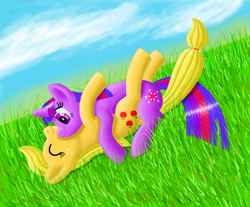 Size: 1930x1600 | Tagged: safe, artist:fahu, character:applejack, character:twilight sparkle, character:twilight sparkle (unicorn), species:earth pony, species:pony, species:unicorn, ship:twijack, eyes closed, female, grass, lesbian, lying on top of someone, mare, shipping, sky, smiling