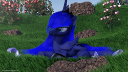 Size: 4096x2304 | Tagged: safe, artist:thelunagames, character:princess luna, 3d, absurd resolution, butterfly, cinema 4d, female, flower, grass, prone, rock, rose, sai, smiling, solo