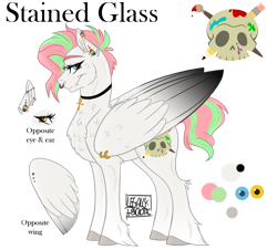 Size: 1437x1298 | Tagged: safe, artist:legally-psychotic, oc, oc only, oc:stained glass, species:pegasus, species:pony, female, mare, nose piercing, nose ring, piercing, reference sheet, solo, unshorn fetlocks, wing piercing