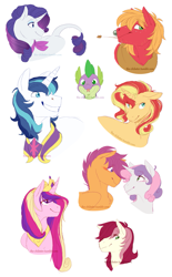 Size: 953x1533 | Tagged: safe, artist:the-chibster, character:big mcintosh, character:princess cadance, character:rarity, character:roseluck, character:scootaloo, character:shining armor, character:spike, character:sunset shimmer, character:sweetie belle, species:alicorn, species:dragon, species:earth pony, species:pegasus, species:pony, species:unicorn, ship:scootabelle, female, lesbian, male, older, shipping, smiling