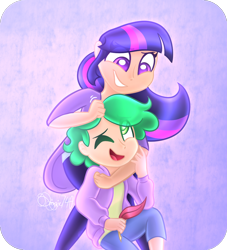 Size: 1000x1100 | Tagged: safe, artist:siggie740, character:spike, character:twilight sparkle, species:human, clothing, cute, duo, humanized, noogie, open mouth, smiling, spikabetes, twiabetes