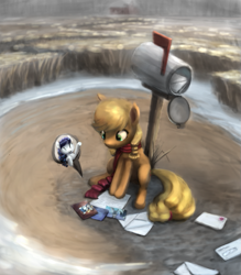 Size: 695x792 | Tagged: safe, artist:bakuel, character:applejack, character:coloratura, species:earth pony, species:pony, clothing, female, letter, mail, mailbox, mare, photo, scarf, smiling, younger
