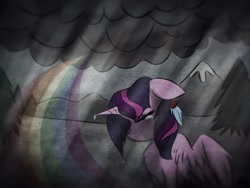 Size: 2048x1536 | Tagged: safe, artist:mylittlelevi64, character:rainbow dash, character:twilight sparkle, character:twilight sparkle (alicorn), species:alicorn, species:pony, ship:twidash, crying, feather, female, implied death, lesbian, rainbow, sad, shipping, solo