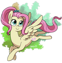 Size: 1080x1085 | Tagged: safe, artist:espeonna, character:fluttershy, species:pegasus, species:pony, abstract background, alternate hairstyle, cute, female, flower, flower in hair, ponytail, shyabetes, smiling, solo