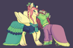 Size: 1262x839 | Tagged: safe, artist:jayrockin, character:fluttershy, character:tree hugger, species:earth pony, species:pegasus, species:pony, ship:flutterhugger, clothing, dress, duo, eyeshadow, female, finger hooves, floral head wreath, flower, gown, gray background, kiss on the cheek, kissing, lesbian, makeup, shipping, simple background, species swap, tiny sapient ungulates, whiskers