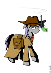 Size: 802x1136 | Tagged: safe, artist:avastindy, oc, oc only, oc:spark brush, species:pony, clothing, coat, cowboy, cowboy hat, gun, handgun, hat, pistol, revolver, saddle bag, simple background, solo, transparent background, weapon
