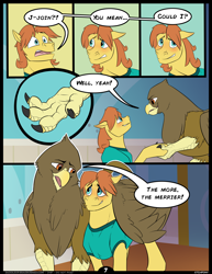 Size: 5100x6600 | Tagged: safe, artist:etchpony, species:griffon, species:pegasus, species:pony, comic:international affairs, absurd resolution, blushing, clothing, comic, dialogue, explicit series, explicit source, gaston (griffon), gay, hug, male, saddle up 2: creature comforts, shipping, warm front, warmston, winghug