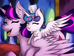 Size: 2048x1536 | Tagged: safe, artist:mylittlelevi64, character:princess flurry heart, character:twilight sparkle, character:twilight sparkle (alicorn), species:alicorn, species:pony, episode:a flurry of emotions, g4, my little pony: friendship is magic, best aunt ever, eyes closed, ponies riding ponies, smiling, tongue out, twilight's castle