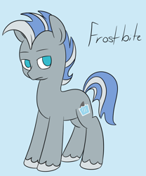 Size: 680x816 | Tagged: safe, artist:espeonna, oc, oc only, oc:frostbite, species:earth pony, species:pony, blue background, simple background, solo