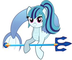 Size: 2046x1686 | Tagged: safe, artist:andrevus, character:sonata dusk, species:pony, female, looking at you, merpony, ponified, simple background, solo, transparent background, trident, weapon