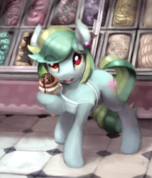 Size: 730x851 | Tagged: safe, artist:bakuel, oc, oc only, oc:cool treat, species:earth pony, species:pony, bakery, clothing, commission, dessert, female, food, hoof hold, ice cream, open mouth, solo
