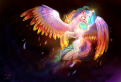 Size: 2531x1719 | Tagged: safe, artist:elzafox, character:princess celestia, species:alicorn, species:pony, colored wings, colored wingtips, female, flying, glowing eyes, mare, multicolored wings, solo