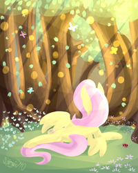 Size: 2000x2500 | Tagged: safe, artist:siggie740, character:fluttershy, species:pegasus, species:pony, butterfly, crepuscular rays, female, forest, grass, mare, on side, rear view, solo, sunlight, tree
