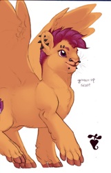 Size: 636x987 | Tagged: safe, artist:jayrockin, character:scootaloo, species:pegasus, species:pony, belly fluff, chest fluff, ear piercing, eyebrow piercing, female, finger hooves, fluffy, leg fluff, lip piercing, mare, nose piercing, older, piercing, raised hoof, raised leg, simple background, smiling, snake bites, solo, spread wings, tiny sapient ungulates, whiskers, white background, wings
