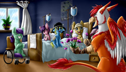 Size: 1600x914 | Tagged: safe, artist:alexispaint, oc, oc only, oc:poker fate, species:griffon, bed, cute, female, filly, flower, happy, hospital, hospital bed, magic trick, wheelchair