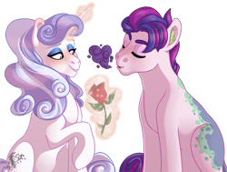 Size: 1600x1211 | Tagged: safe, artist:whisperseas, oc, oc only, oc:alexandrite, oc:lustre de luxe, parent:fancypants, parent:fleur-de-lis, parent:rarity, parent:spike, parents:fancyfleur, parents:sparity, species:dracony, species:earth pony, species:pony, species:unicorn, female, flower, glowing horn, hybrid, interspecies offspring, levitation, magic, male, mare, offspring, offspring shipping, rose, simple background, smoke, stallion, straight, telekinesis, transparent background