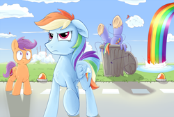 Size: 2500x1679 | Tagged: safe, artist:sea-maas, character:bow hothoof, character:rainbow dash, character:scootaloo, species:pegasus, species:pony, episode:parental glideance, g4, my little pony: friendship is magic, abuse, alternate ending, annoyed, chest fluff, cloud, cutie mark, female, filly, flag, fly, hoof in air, into the trash it goes, legs in air, looking at you, mare, rainbow, rainbow douche, shocked, shocked expression, the cmc's cutie marks, trash can, underhoof, waterfall