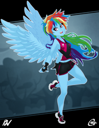 Size: 1480x1908 | Tagged: safe, artist:oatmeal, artist:pixel's workstation, character:rainbow dash, species:human, clothing, female, gloves, humanized, shorts, solo, tank top, winged humanization, wings