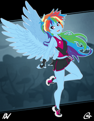Size: 1480x1908 | Tagged: safe, artist:oatmeal, artist:pixel's workstation, character:rainbow dash, species:human, clothing, female, gloves, humanized, pony coloring, shorts, solo, tank top, winged humanization, wings