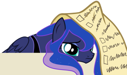 Size: 3000x1772 | Tagged: safe, artist:askometa, character:princess luna, species:alicorn, species:pony, episode:a royal problem, g4, my little pony: friendship is magic, cute, female, list, luna is not amused, lunabetes, mare, sad, sadorable, scroll, simple background, solo, transparent background, unamused, vector