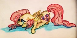 Size: 1984x987 | Tagged: safe, artist:mylittlelevi64, character:fluttershy, species:pegasus, species:pony, female, floppy ears, folded wings, looking away, prone, sad, solo, teary eyes, traditional art