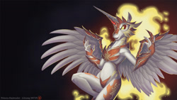 Size: 1920x1080 | Tagged: safe, artist:loupgarou, character:daybreaker, character:princess celestia, species:alicorn, species:anthro, episode:a royal problem, g4, my little pony: friendship is magic, armor, armpits, breasts, female, helmet, hoers, mane of fire, mare, solo, unconvincing armor