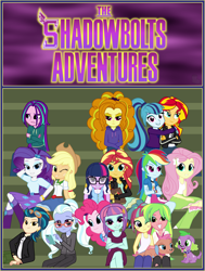 Size: 3100x4100 | Tagged: safe, artist:bootsyslickmane, character:adagio dazzle, character:applejack, character:aria blaze, character:fluttershy, character:indigo zap, character:lemon zest, character:mina, character:pinkie pie, character:rainbow dash, character:rarity, character:sonata dusk, character:sour sweet, character:spike, character:spike (dog), character:sugarcoat, character:sunny flare, character:sunset shimmer, character:twilight sparkle, character:twilight sparkle (scitwi), species:dog, species:eqg human, fanfic:the shadowbolts adventures, equestria girls:friendship games, g4, my little pony: equestria girls, my little pony:equestria girls, :3, absurd resolution, alternate costumes, alternate hairstyle, bleachers, book, boots, cardigan, cargo pants, clothing, collar, crossed arms, crossed legs, crystal prep shadowbolts, cute, dress, equestria girls-ified, fanfic, fanfic art, fanfic cover, freckles, frown, glasses, goggles, hat, hoodie, hug, human sunset, jacket, jeans, leather jacket, looking at each other, looking at something, looking at you, messy hair, missing accessory, necktie, one eye closed, pants, phone, pigtails, ponytail, raised eyebrow, scrunchy face, self paradox, shadow five, skirt, skirt lift, skull, smiling, socks, tongue out, twintails, unamused, wall of tags, wink