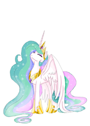 Size: 720x1002 | Tagged: safe, artist:tsundra, character:princess celestia, species:alicorn, species:pony, eyes closed, female, simple background, smiling, solo, spread wings, white background, wings