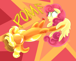 Size: 2080x1690 | Tagged: safe, artist:siggie740, character:applejack, character:strawberry sunrise, species:earth pony, species:pegasus, species:pony, episode:honest apple, g4, my little pony: friendship is magic, abstract background, angry, clothing, cowboy hat, derp, duo, female, food, glowing eyes, hat, justice, kicking, mare, ouch, pomf, stetson, strawberrabuse, strawberry, strawbuse, tongue out