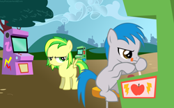 Size: 9600x6000 | Tagged: safe, artist:lazypixel, oc, oc only, oc:the living tombstone, oc:wooden toaster, species:pony, episode:hearts and hooves day, g4, my little pony: friendship is magic, absurd resolution, arcade, arcade game, tongue out, vector, younger