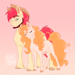 Size: 950x954 | Tagged: safe, artist:legally-psychotic, character:bright mac, character:pear butter, species:pony, ship:brightbutter, episode:the perfect pear, g4, my little pony: friendship is magic, applejack's parents, beard, facial hair, female, male, nuzzling, pregnant, shipping, signature, simple background, straight