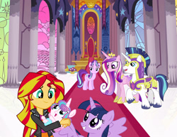 Size: 3300x2550 | Tagged: safe, artist:conthauberger, character:princess cadance, character:princess flurry heart, character:shining armor, character:starlight glimmer, character:sunset shimmer, character:twilight sparkle, character:twilight sparkle (alicorn), species:alicorn, species:pony, ship:shiningcadance, ship:sunsetsparkle, my little pony:equestria girls, auntie sunset, best aunt ever, female, lesbian, shipping