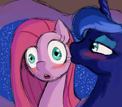 Size: 512x448 | Tagged: safe, artist:untiltheballoons, character:pinkamena diane pie, character:pinkie pie, character:princess luna, ship:lunapie, blushing, female, kissing, lesbian, shipping