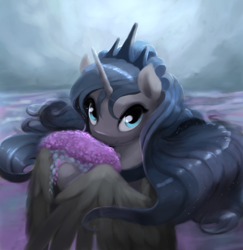 Size: 868x892 | Tagged: safe, artist:bakuel, character:princess luna, species:alicorn, species:pony, crown, cute, female, flower, lavender, looking at you, lunabetes, mare, regalia, smiling, solo, that pony sure does love lavender