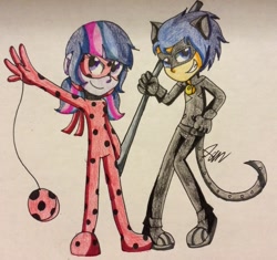 Size: 2605x2445 | Tagged: safe, artist:imtailsthefoxfan, character:flash sentry, character:twilight sparkle, ship:flashlight, my little pony:equestria girls, adrien agreste, bo staff, chat noir, clothing, costume, crossover, female, ladybug, ladynoir, male, marinette dupain-cheng, mask, miraculous ladybug, outfit, shipping, staff, straight, traditional art, yo-yo