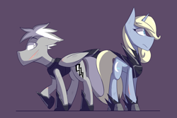 Size: 3000x2000 | Tagged: safe, artist:malphee, oc, oc only, oc:moonbow, oc:silver dash, species:pegasus, species:pony, species:unicorn, armor, scar, simple background