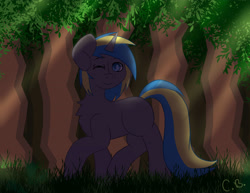 Size: 3850x2975 | Tagged: safe, artist:cottonbreeze, oc, oc only, oc:fizzygreen, species:pony, species:unicorn, blue, blue eyes, brown, chest fluff, commission, equine, forest, grass, gray, gray coat, green, happy, horn, looking at you, male, nature, nudity, one eye closed, outdoors, smiling, solo, stallion, sunshine, tree, trotting, walking, wink, yellow