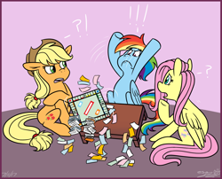 Size: 1080x873 | Tagged: safe, artist:espeonna, character:applejack, character:fluttershy, character:rainbow dash, species:pony, exclamation point, frown, interrobang, monopoly, question mark, rage quit, redraw, sore loser, table flip