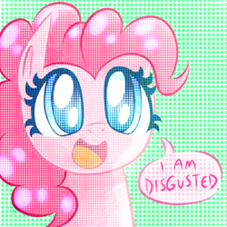 Size: 1000x1000 | Tagged: safe, artist:siggie740, character:pinkie pie, species:earth pony, species:pony, abstract background, colored pupils, dialogue, disgusted, dissonant caption, female, mare, smiling, solo, speech bubble, subversive kawaii, text
