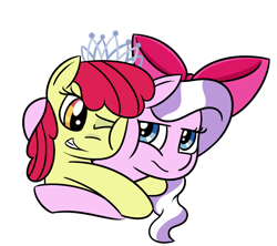 Size: 900x800 | Tagged: dead source, safe, artist:radek1212, character:apple bloom, character:diamond tiara, species:earth pony, species:pony, accessory swap, adorabloom, apple bloom's bow, bow, cute, diamondbetes, duo, female, filly, friendship, hair bow, hug, jewelry, just friends, ribbon, simple background, tiara, tsundere, white background
