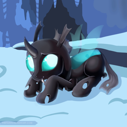 Size: 800x800 | Tagged: safe, artist:piripaints, character:thorax, species:changeling, cave, cute, cuteling, fangs, featured on derpibooru, looking at you, male, prone, smiling, snow, solo, thorabetes