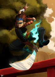 Size: 2000x2800 | Tagged: safe, artist:elzielai, oc, oc only, oc:playthrough, species:human, clothing, commission, fire, glaive, glasses, humanized, humanized oc, jumping, monk, rpg, smiling, solo, sword, tree, weapon