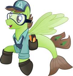 Size: 1051x1086 | Tagged: safe, artist:pacificgreen, part of a set, character:douglas spruce, character:evergreen, species:seapony (g4), .svg available, cap, clothing, goggles, hat, hoof shoes, male, seaponified, simple background, solo, species swap, svg, toolbelt, transparent background, vector