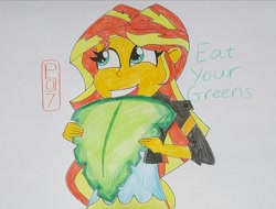 Size: 1026x778 | Tagged: safe, artist:malevolentsamson, artist:psygcosis507, character:sunset shimmer, my little pony:equestria girls, female, food, lettuce, solo, traditional art