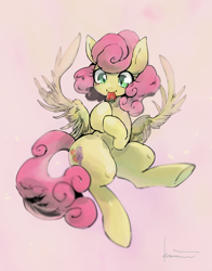 Size: 1500x1918 | Tagged: safe, artist:kuzumori, character:strawberry sunrise, species:pegasus, species:pony, female, flying, food, mare, mouth hold, smiling, solo, strawberry